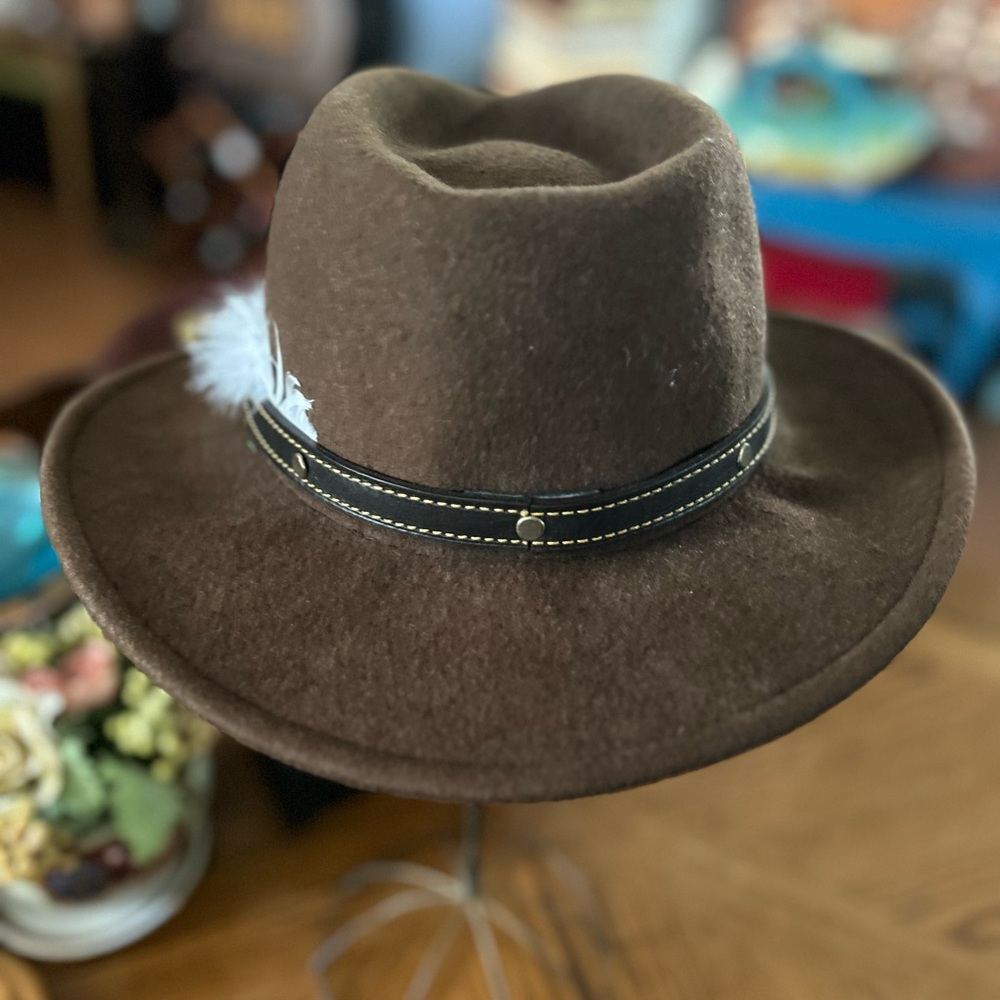 Vintage Brown Wool Cowboy Hat with Leather Band & Feather Accent - Picture 7 of 14